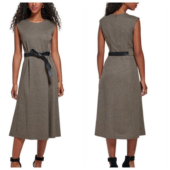 Calvin Klein Dress Womens Size 6 tweed lurax Sheath Ponte midi belted sparkly - Picture 1 of 12